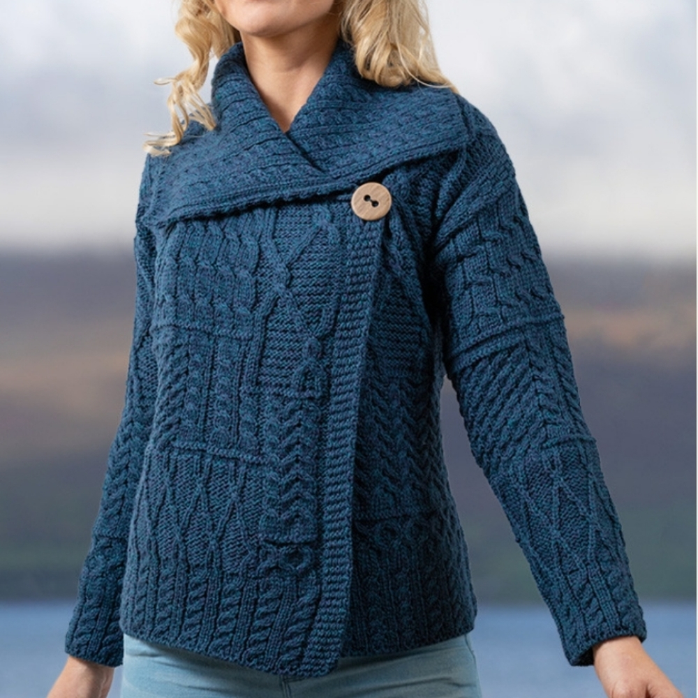 ARAN Woolen Mills PATCHWORK CARDIGAN WITH COLLAR - Picture 2 of 13